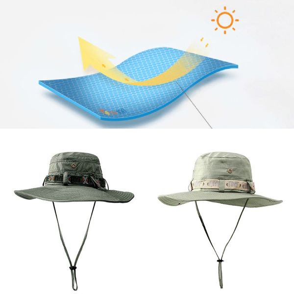 

men women fishing sun boonie hat summer uv protection outdoor wide brim foldable breathable sunscreen bucket cap with chin strap, Blue;gray