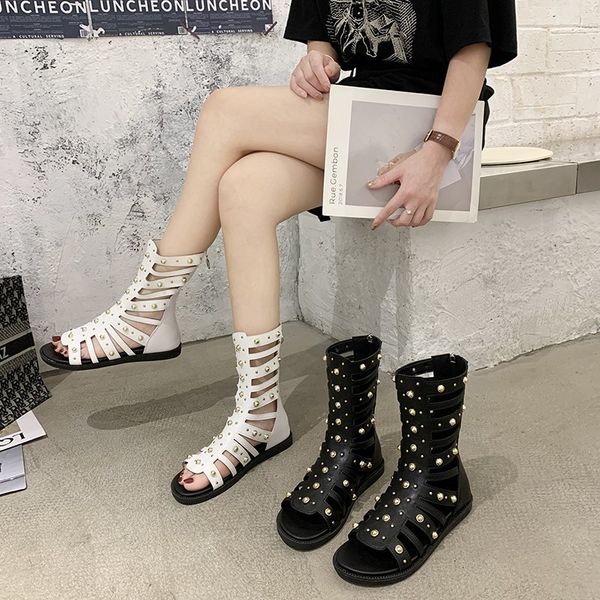

summer 2020 new heavy industry rivet roman boots flat shoes sandals boots motorcycle female tide z842, Black