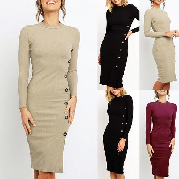 

bodycon women dresses casual button long sleeve round neck design 1923, Black;gray