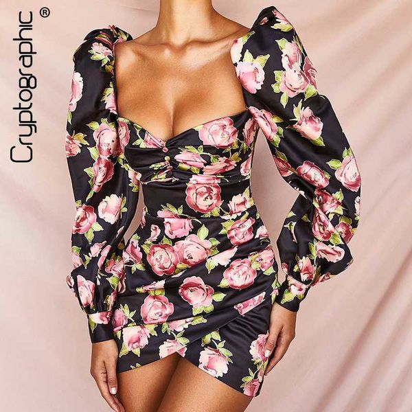 

cryptographic square collar floral print backless dress chic fashion strapless button puff sleeve mini dresses fall 2019, Black;gray
