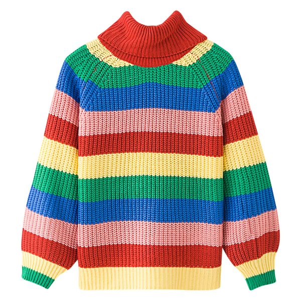 

colorful stripe rainbow sweater women turtleneck pullover knitwear oversized sweaters fashion loose jumper large size pull femme, White;black
