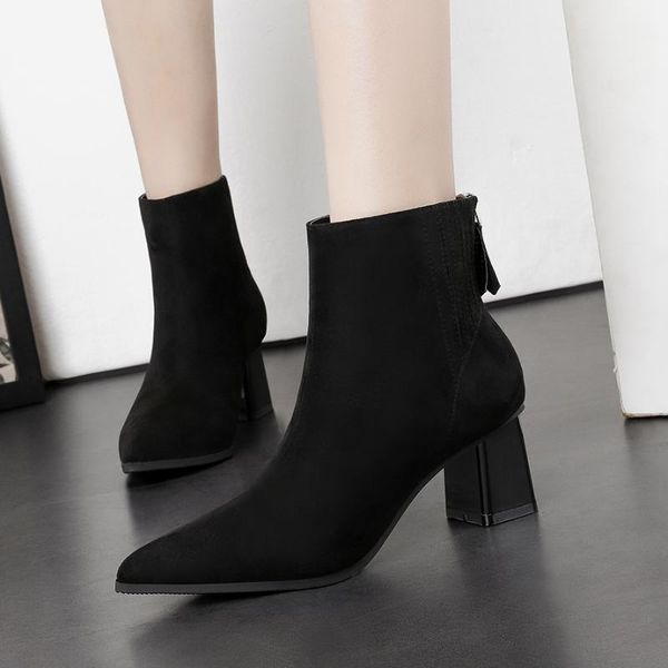 

zip ankle boots woman flock square heels shoes casual pointed toe short boot fleece warm ladies winter booties zapatos de mujer, Black