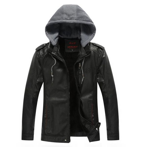 

men's fur & faux tide hooded casual pu motorcycle outdoor plus velvet windproof leather jacket, Black