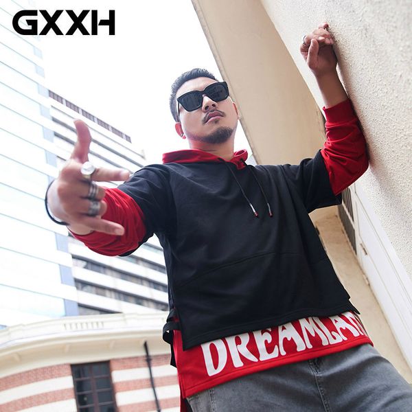

gxxh autumn new hoodie men fashion letter printing casual hooded pullover man streetwear hip-hop loose fake two-piece sweatshirt, Black