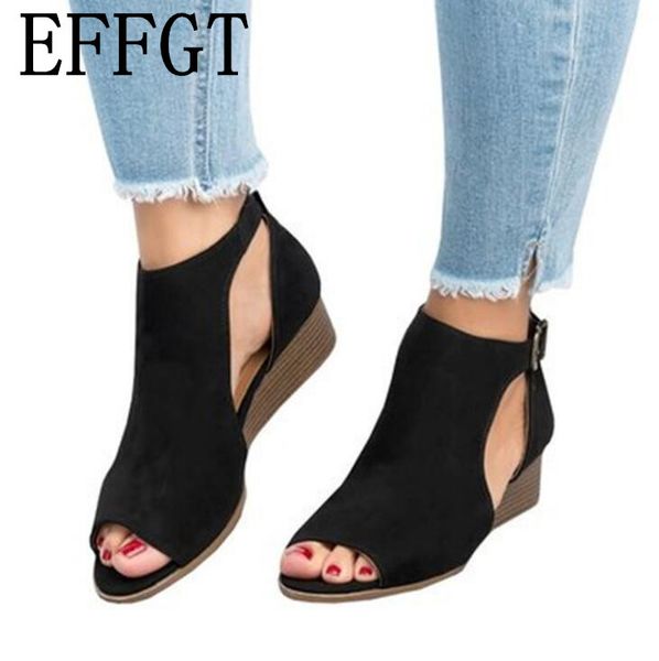 

effgt 2020 woman wedge buckles fish mouth sandals gladiator women sandals mid heel ladies summer peep toe women shoes, Black
