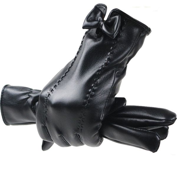 

new women genuine glove soft thicken bow double sewing winter touch screen warm autumn ladies fashion brand black warm polyester