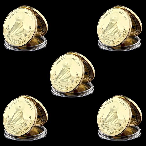 

5pcs masonic annuit usa liberty eagle token gold plated 1oz challenge metal coin collection w/capsule