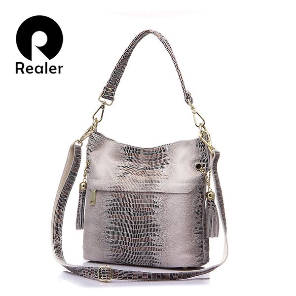 

realer brand genuine leather bags for women shoulder messenger bags bucket tote crossbody bag female handbag hobos tassel 2019 y190606