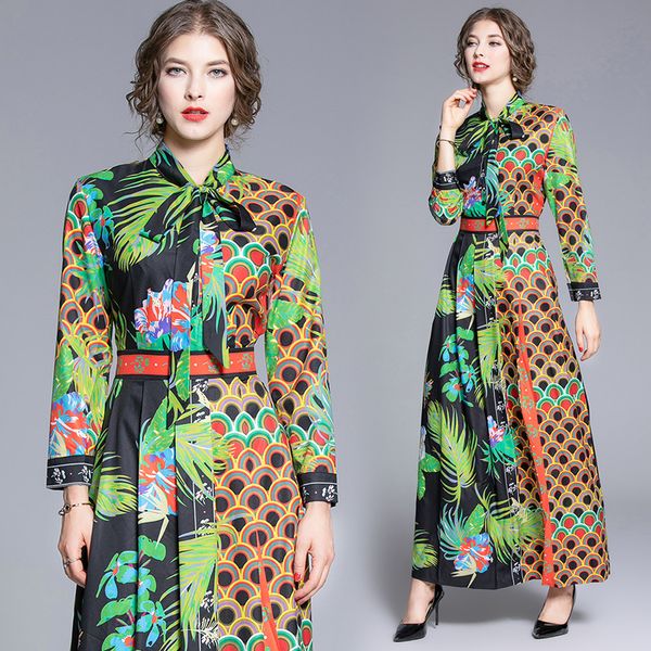 

luxury runway bow printed pleated dress women fashion long sleeve party prom slim ladies designer dress elegant office button shirt dresses, Black;gray