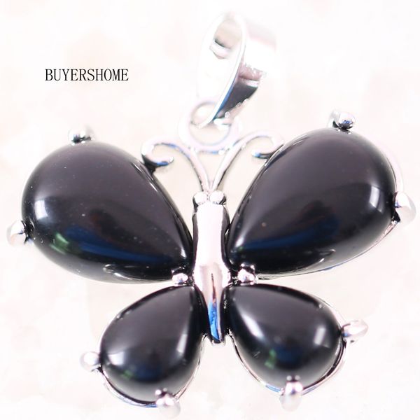 

silver color women butterfly necklace pendant natural gem stone black onyx 1pcs k465