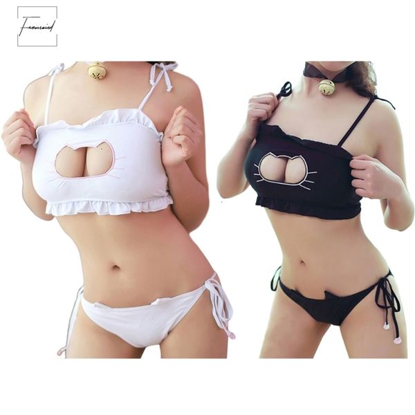 

cat cosplay hollow keyhole bra with briefs lingerie underwear necklace set with underwire drop shipping good quality, Red;black