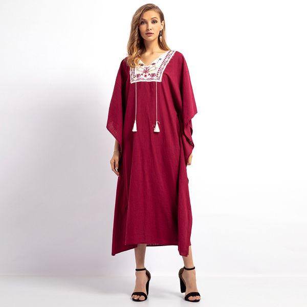 

2019 new women embroidery long sleeves islamic muslim middle east maxi robe dresses abayas for women hijab dress 4.12, Red