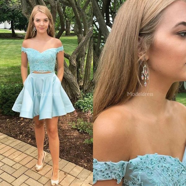 

stylish lace short homecoming dresses off shoulder two pieces mini formal party prom gowns with pockets graduation dresses vestid, Blue;red