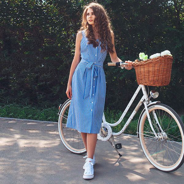 

blue striped bow bandage dress 2019 summer sleeveless strap shirt dress single-breasted elegant women party vestidos, Black;gray