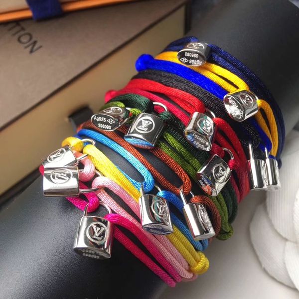 

Hot sale Brand name Women and man Handmade Rope with silver pad lock Bracelet Titanium Stainless Steel in many colors rope jewelry gift PS
