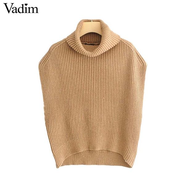 

vadim women oversized knitted turtleneck sweaters sleeveless stretchy pullovers female casual loose waist coat ma016, White;black