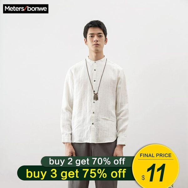 

metersbonwe brand men new casual shirts spring autumn male wild long sleeve flax shirts trend stripe male youth, White;black