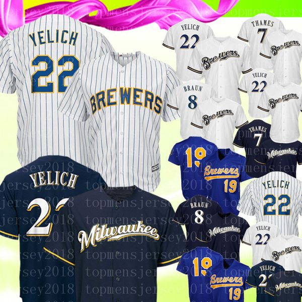 

Milwaukee men brewer 22 chri tian yelich jer ey 8 ryan braun 19 robin yount 7 eric thame embroidery ba eball jer ey
