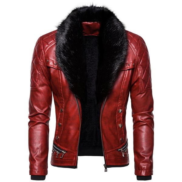 

aboorun mens punk rivet zipper leather jacket detachable fur collar red black slim motorcycle biker thicken leather jacket r2938
