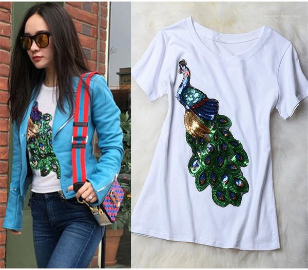 

slim clothes summer womens designer tshirts short sleeved sequins peacock printed female fashion crew neck, White