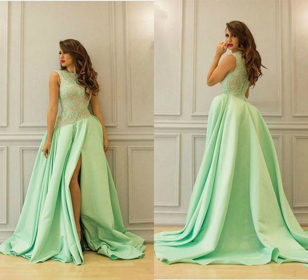 

green arabic evening dresses abendkleider 2019 high side split sleeveless prom dress lace appliques sweep train formal occasion gowns, Black;red