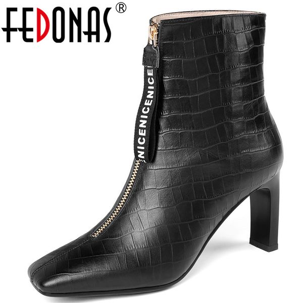 

fedonas elegant square toe boots high heels dancing shoes woman genuine leather winter warm women short ankle boots, Black