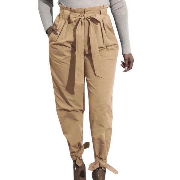 

chic women solid color high waist bow belt causals ankle-tied pants trousers high waist bow belt causals ankle-tied pants trouse, Black;white