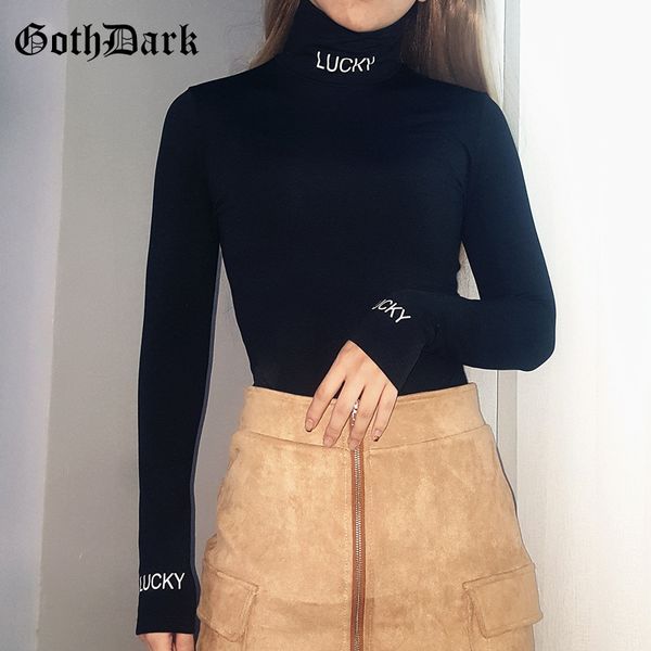 

goth dark long sleeve letter print gothic women's bodysuits black harajuku punk turtleneck autumn 2019 fashion bodysuit skinny, Black;white