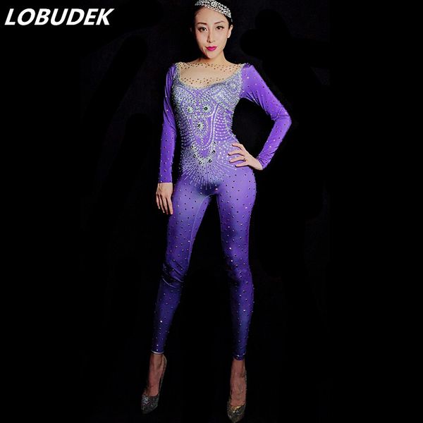 

high elastic purple gold rhinestones leotard jumpsuit lady star singer party evening celebration stage outfit nightclub costume, Black;white