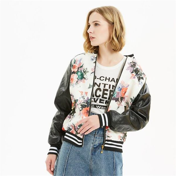 

2019 new women's clothing leather jacket round neck pu short locomotive soft leather coat printing warm outerwear office motion, Black