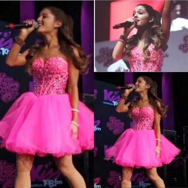

Ariana Grande Fuchsia Sweetheart Beaded Crystal Homecoming Dresses Rhinestones Backless Basque Waist Sweet 16 Short Prom Cocktail Gowns