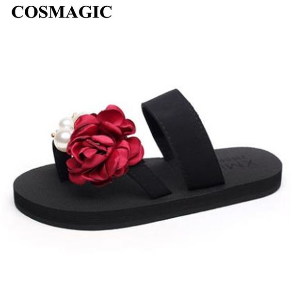 

cosmagic fashion sweet flower slippers 2019 new women summer beach handmade crystal pearl slide flat with, Black