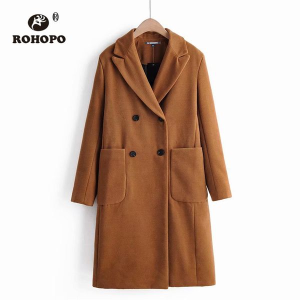 

rohopo notched collar long sleeve winter autumn blend coat knee length solid double breast side weplted pockets overcoat #318, Black
