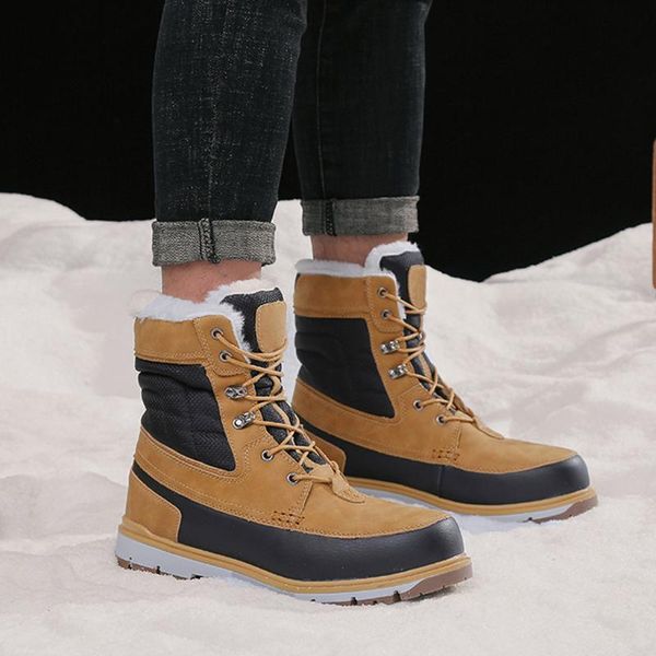 

men's winter snow boots 2019 fashion man leather lace up non slip flats shoes super warm plush ankle boot male thick snowboots, Black