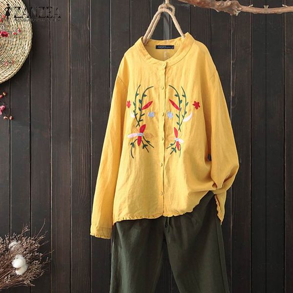 

2019 zanzea women's embroidery shirts elegant long sleeve shirts female o neck button down blusas plus size blouse tunic, White