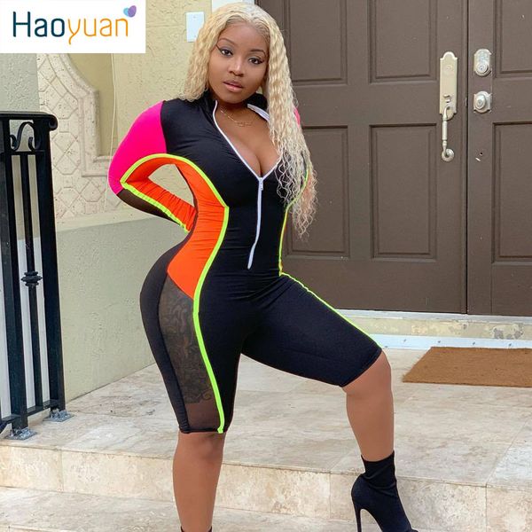 

haoyuan playsuit womens overalls streetwear mesh patchwork long sleeve shorts bodysuit bodycon one piece rompers jumpsuit, Black;white
