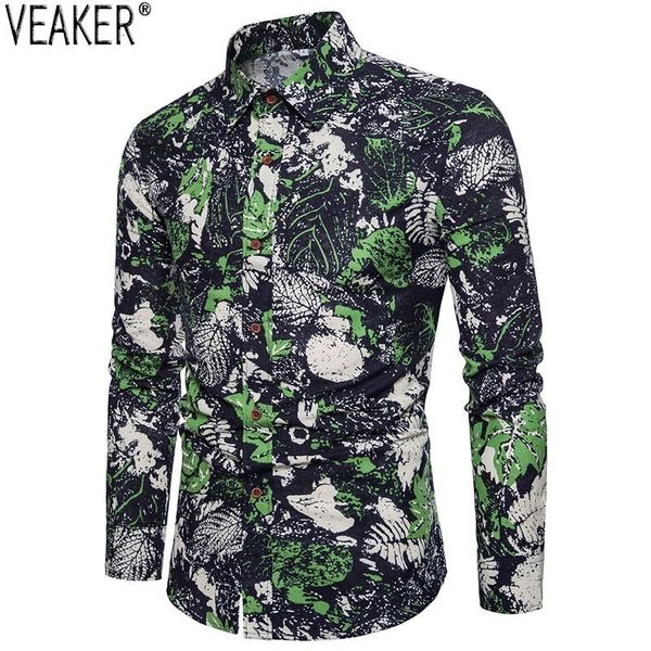 

2019 spring new men flowers linen shirt man slim fit print cato linen shirt chinese vintage flower printed long sleeve, White;black