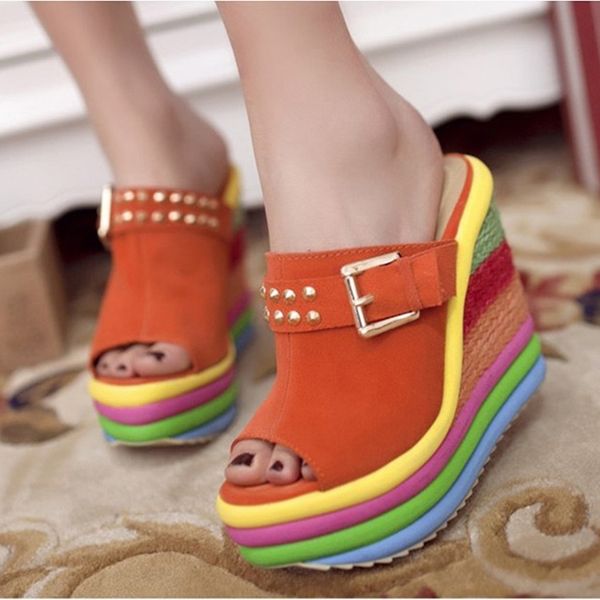 

fashionable women shoes women's ladies wedges high multicolor patchworkÂ sandals peep toeÂ romanÂ shoes slippers for women casual, Black