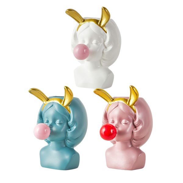 

3pcs retro vinyl girl statues succulent planters cactus flower plant pots for tabledecor - rabbit ears