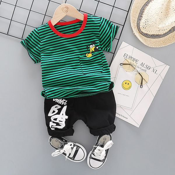 

2020 summer kids baby boys clothes sets 2pcs cartoon striped children clothing t shirt short pants cotton sport suit set outfit, White