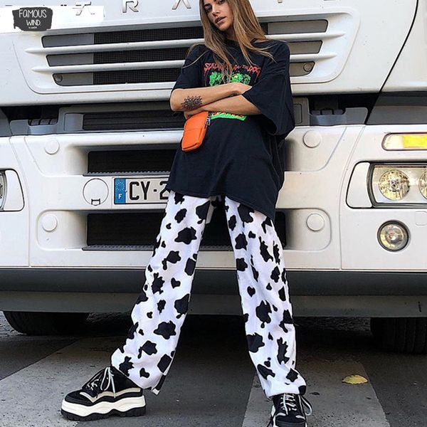 

casual elastic high waist milk cow loose pants women spring straight print fashion trousers pantalon femme pants, Black;white