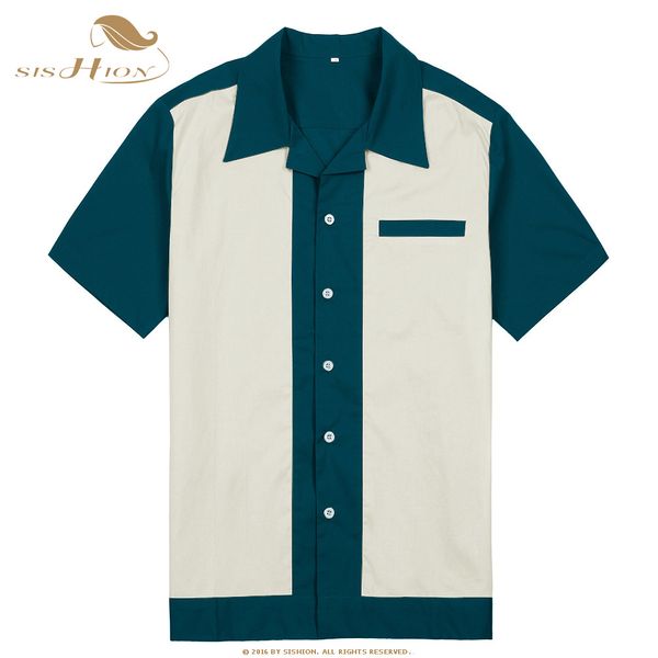 

sishion men casual shirt st111 cotton short sleeve grey blue green vintage rock bowling shirt 50s male clothing, White;black