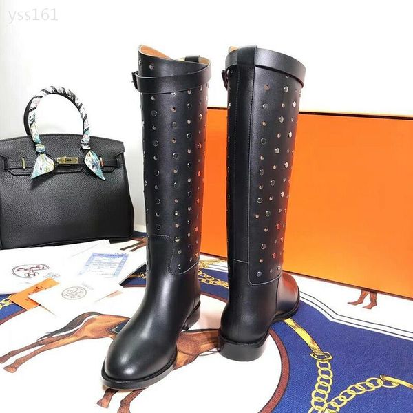 

2019 autumn and winter new women's calfskin boots flat bottom with and knees genuine outdoor knight boots women's boots, Black