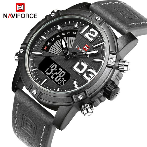 

naviforce brand men watches luxury sport quartz digital watch men's waterproof wristwatches man leather clock relogio masculino, Slivery;brown