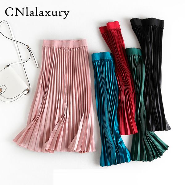 

summer pink satin skirts women midi pleated skirts ladies elegant party clothes female a-line skirt faldas mujer moda 2020, Black
