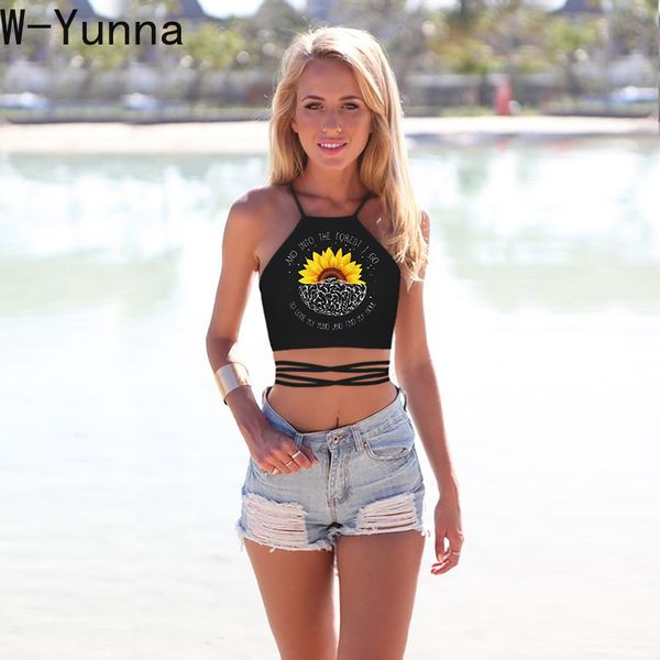 

w-yunna sun flower print backless tank women lace up black halter mujer verano 2019 streetwear club top, White