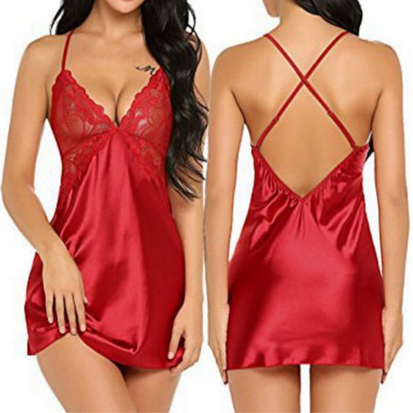 

women lingerie lace sleepwear nightdress straps deep v neck robe dress nightie night dress, Black;red