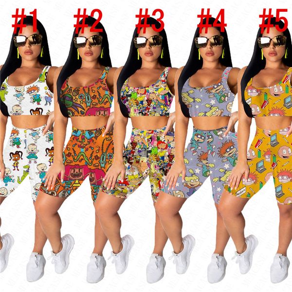

biker shorts set women cartoon print two piece set tracksuit 2020 summer outfits o neck crop t-shirt short pants sports suit d62912, Gray