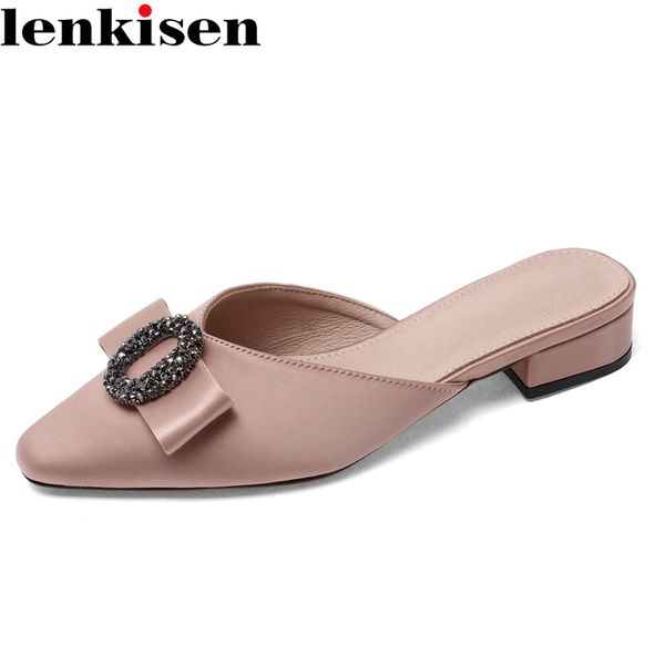 

lenkisen gladiator princess style sweet rhinestones bowtie round toe med square heel mules slip on high fashion dating pumps l22, Black