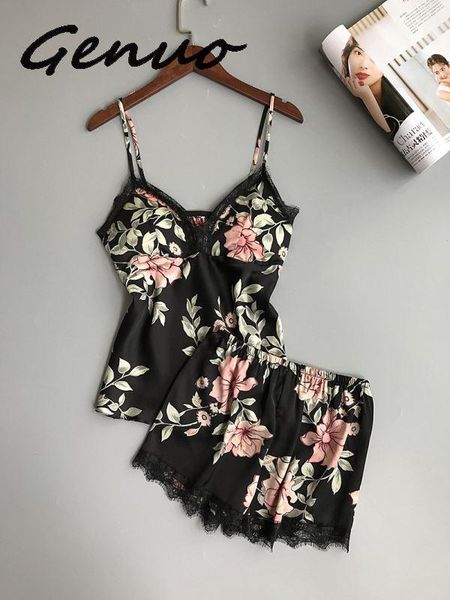 

genuo new sleep lounge women pajamas set satin sleepwear silk 2 pieces pyjama femme flower pajamas pijama with chest pad, Black;red